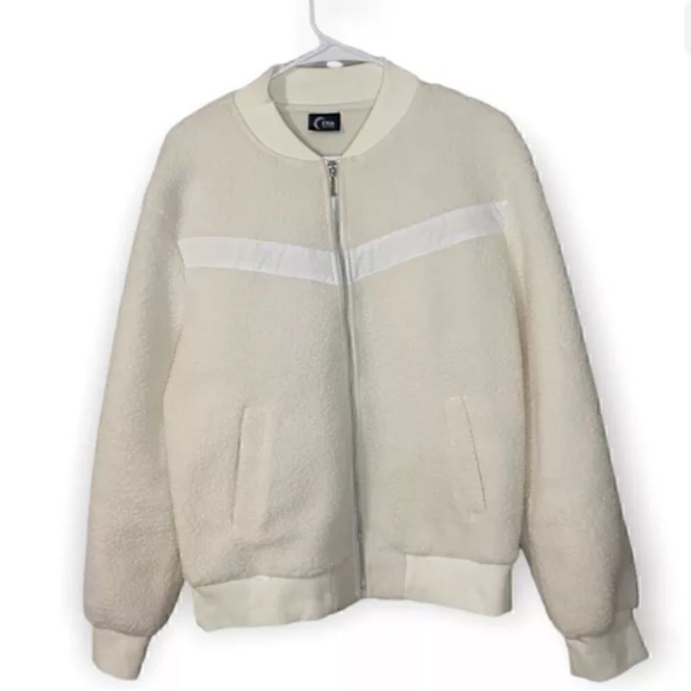 Zyia Active Flying V Bomber Jacket Fleece Sherpa Teddy Full Zip White Medium
